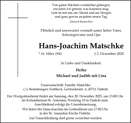Traueranzeige von Hans-Joachim Matschke  von Medienhaus Bauer