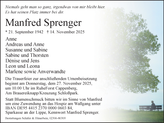 Traueranzeige von Manfred Sprenger  von Ruhr Nachrichten