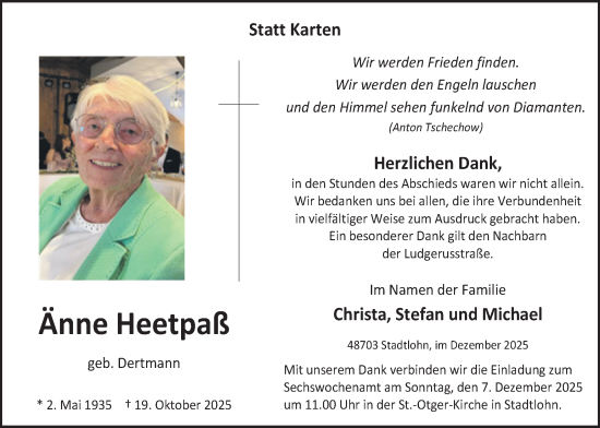 Traueranzeige von Änne Heetpaß von Münsterland Zeitung