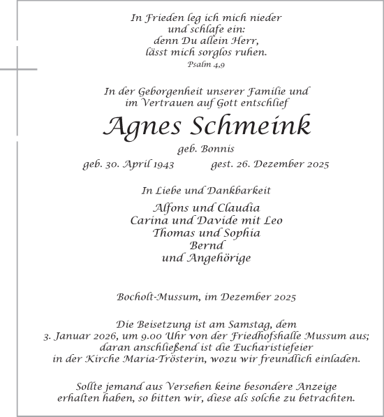 Traueranzeige von Agnes Schmeink 