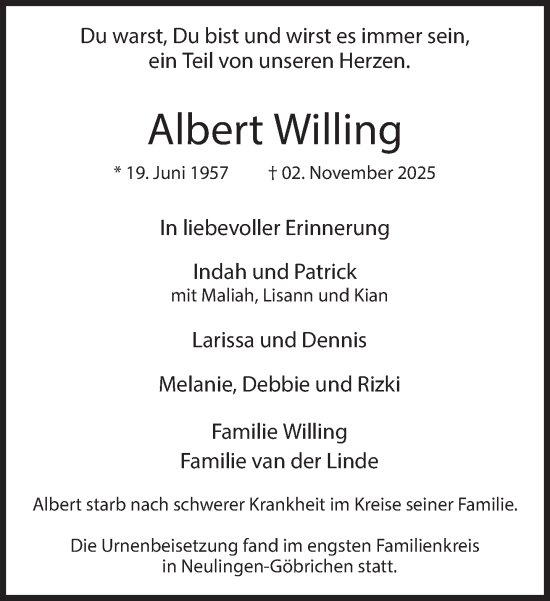 Traueranzeige von Albert Willing 