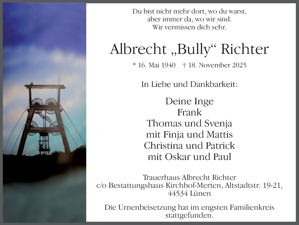  Traueranzeige für Albrecht Richter vom 13.12.2025 aus Lüner Anzeiger
