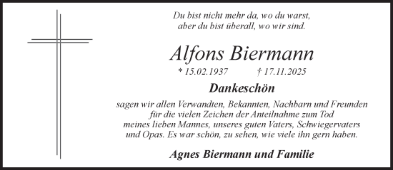 Traueranzeige von Alfons Biermann 
