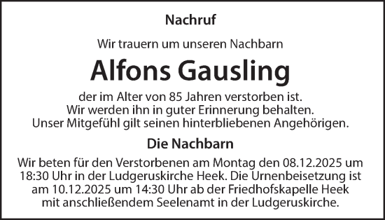 Traueranzeige von Alfons Gausling von Münsterland Zeitung