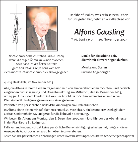 Traueranzeige von Alfons Gausling von Münsterland Zeitung
