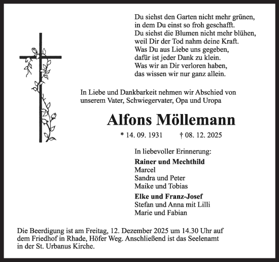 Traueranzeige von Alfons Möllemann von Ruhr Nachrichten und Dorstener Zeitung