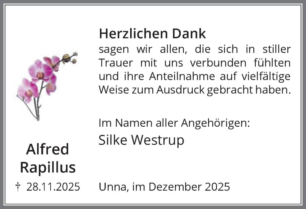  Traueranzeige für Alfred Rapillus vom 20.12.2025 aus Hellweger Anzeiger