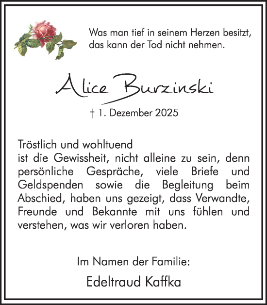 Traueranzeige von Alice Burzinski von Hellweger Anzeiger