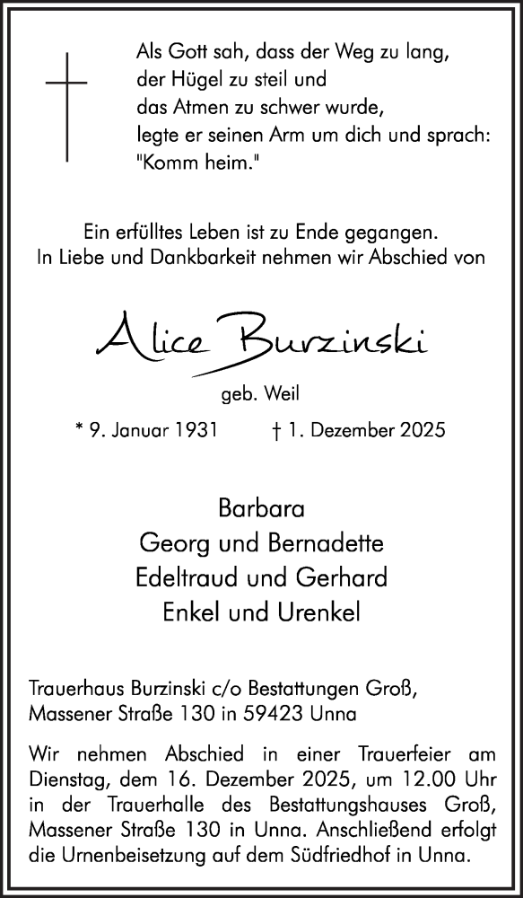  Traueranzeige für Alice Buzinski vom 06.12.2025 aus Hellweger Anzeiger