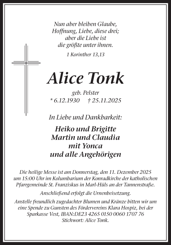 Traueranzeige von Alice Tonk von Trauer Vest
