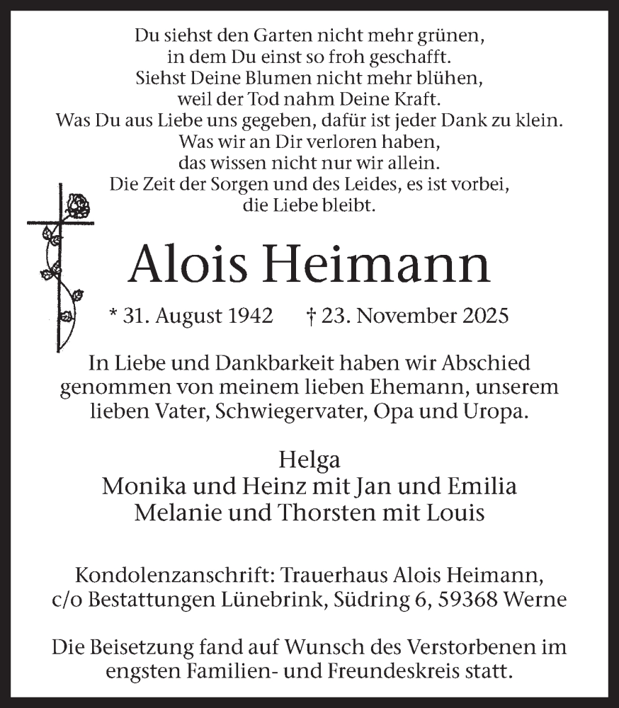  Traueranzeige für Alois Heimann vom 06.12.2025 aus Ruhr Nachrichten