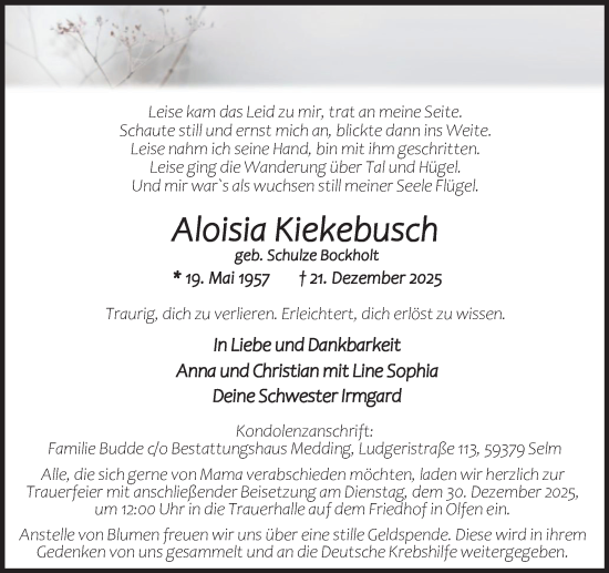 Traueranzeige von Aloisia Kiekebusch von Ruhr Nachrichten