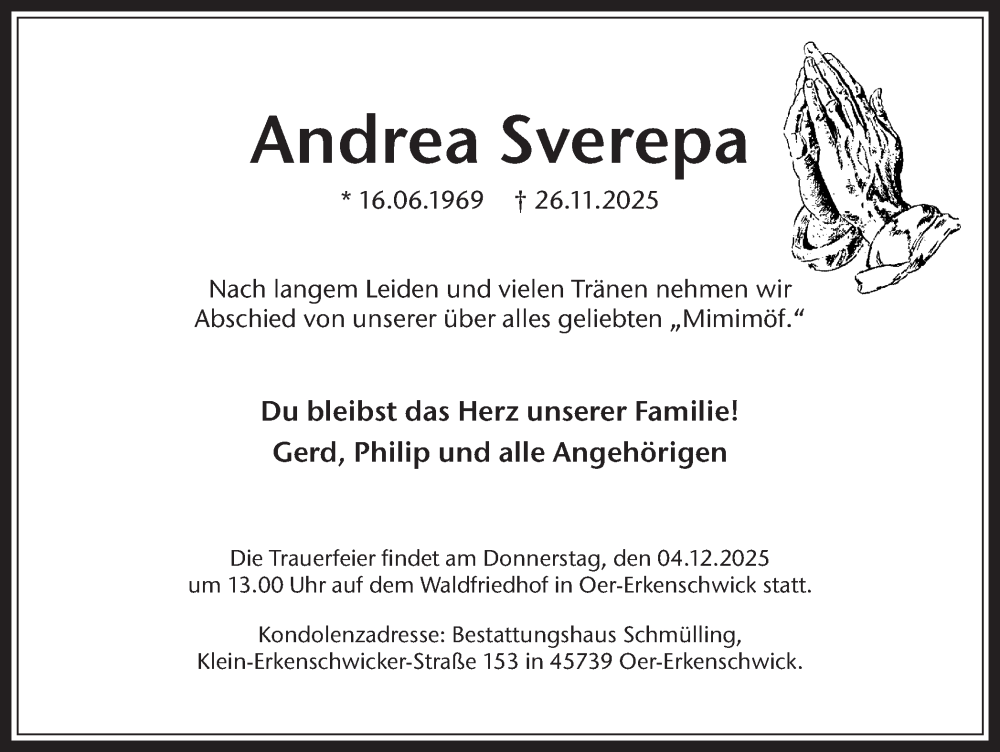  Traueranzeige für Andrea Sverepa vom 02.12.2025 aus Trauer Vest