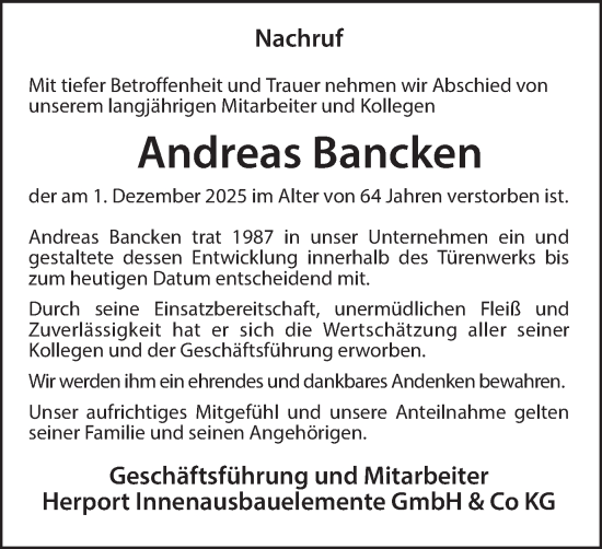 Traueranzeige von Andreas Bancken von Münsterland Zeitung