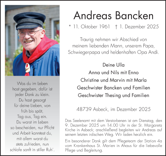Traueranzeige von Andreas Bancken von Münsterland Zeitung