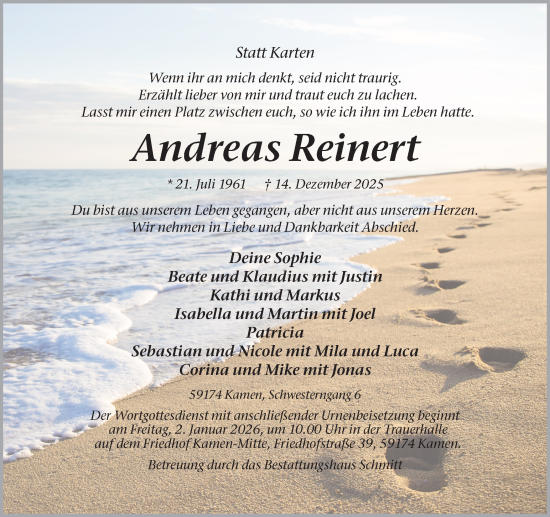 Traueranzeige von Andreas Reinert von Hellweger Anzeiger