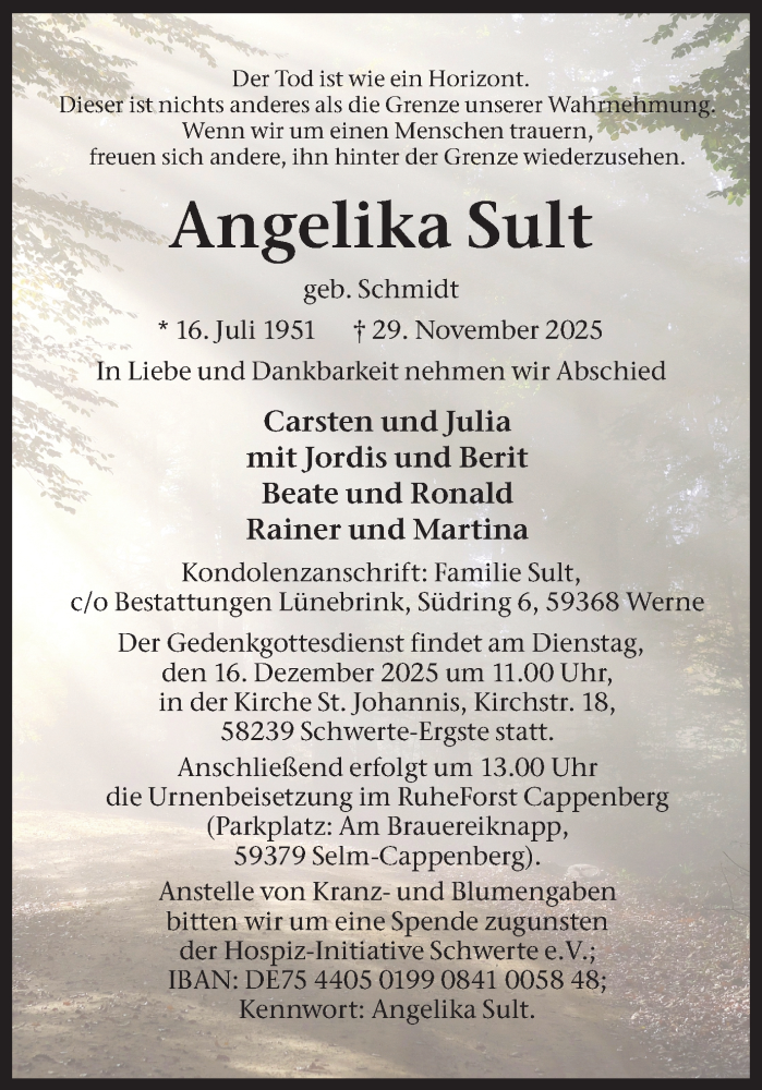  Traueranzeige für Angelika Sult vom 06.12.2025 aus Ruhr Nachrichten