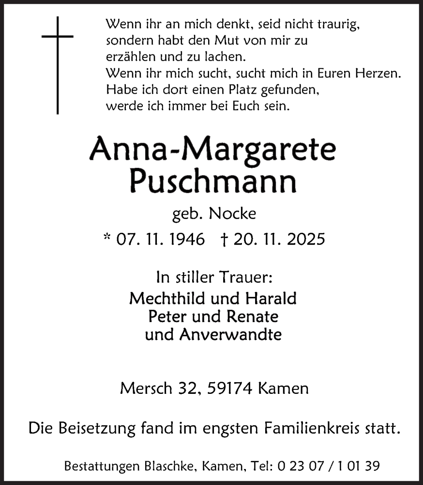  Traueranzeige für Anna-Margarete Puschmann vom 06.12.2025 aus Hellweger Anzeiger