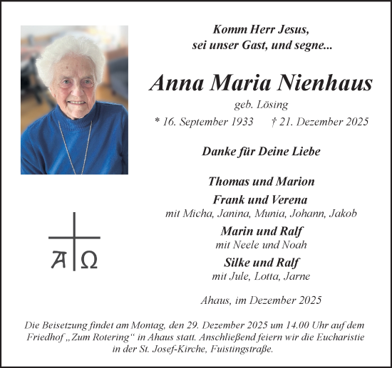 Traueranzeige von Anna Maria Nienhaus von Münsterland Zeitung