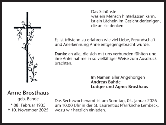 Traueranzeige von Anne Brosthaus von Ruhr Nachrichten und Dorstener Zeitung