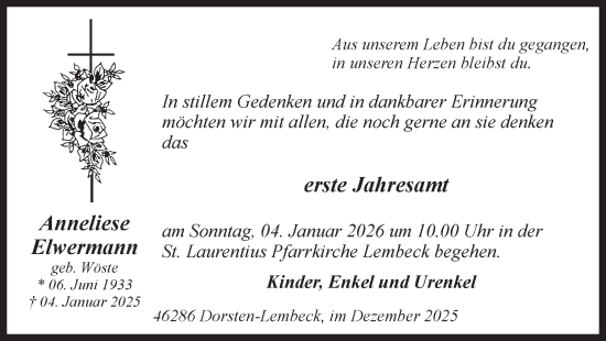 Traueranzeige von Anneliese Elwermann von Ruhr Nachrichten und Dorstener Zeitung