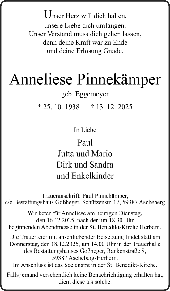 Traueranzeige von Anneliese Pinnekämper von Ruhr Nachrichten