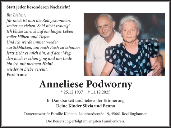 Traueranzeige von Anneliese Podworny von Trauer Vest