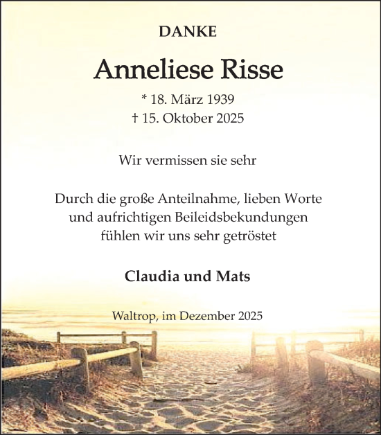 Traueranzeige von Anneliese Risse von Trauer Vest