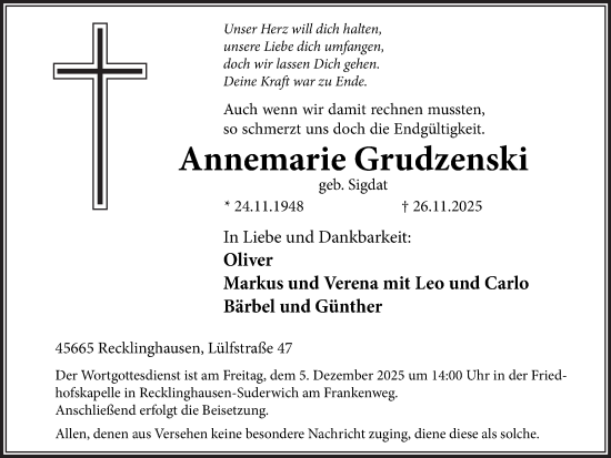 Traueranzeige von Annemarie Grudzenski von Trauer Vest