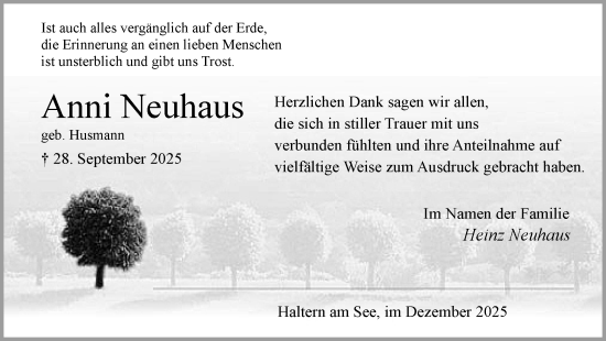 Traueranzeige von Anni Neuhaus von Ruhr Nachrichten und Halterner Zeitung