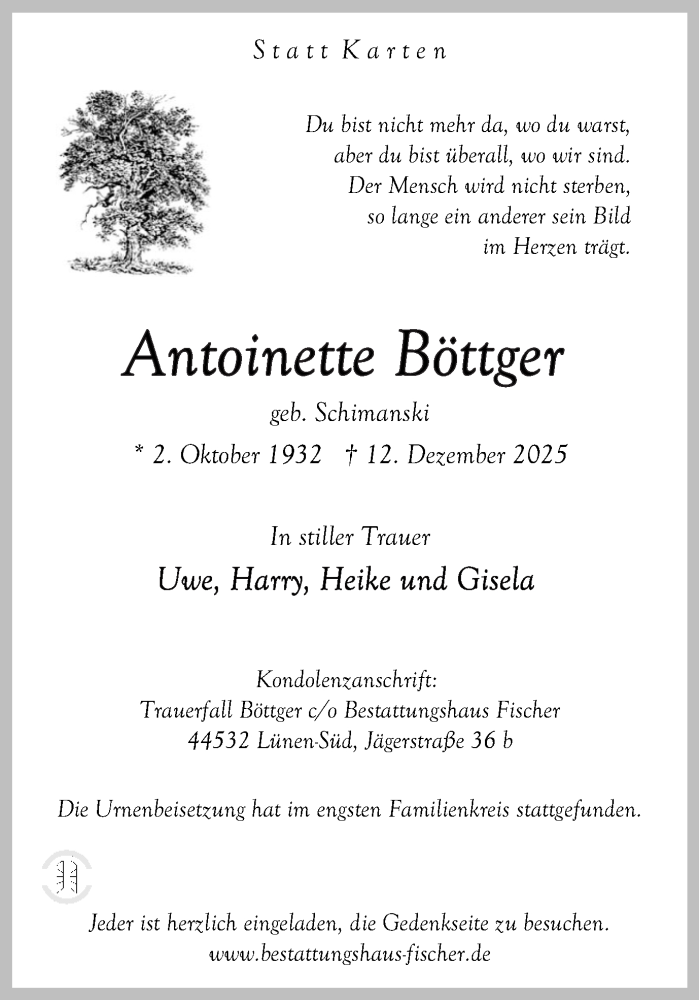  Traueranzeige für Antoinette Böttger vom 27.12.2025 aus Lüner Anzeiger