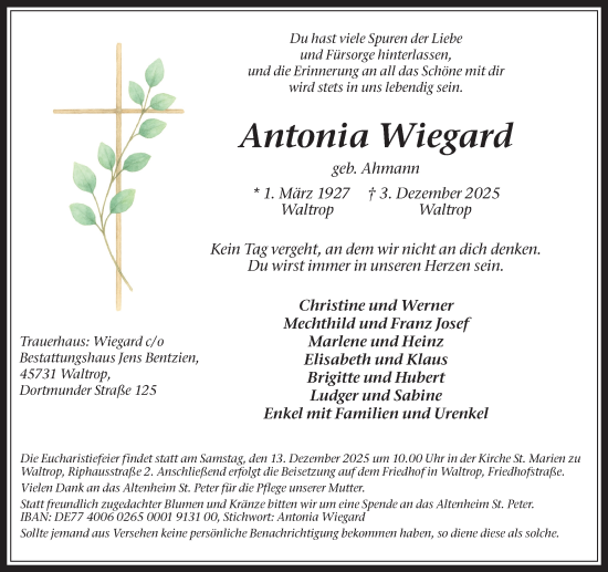 Traueranzeige von Antonia Wiegard von Trauer Vest