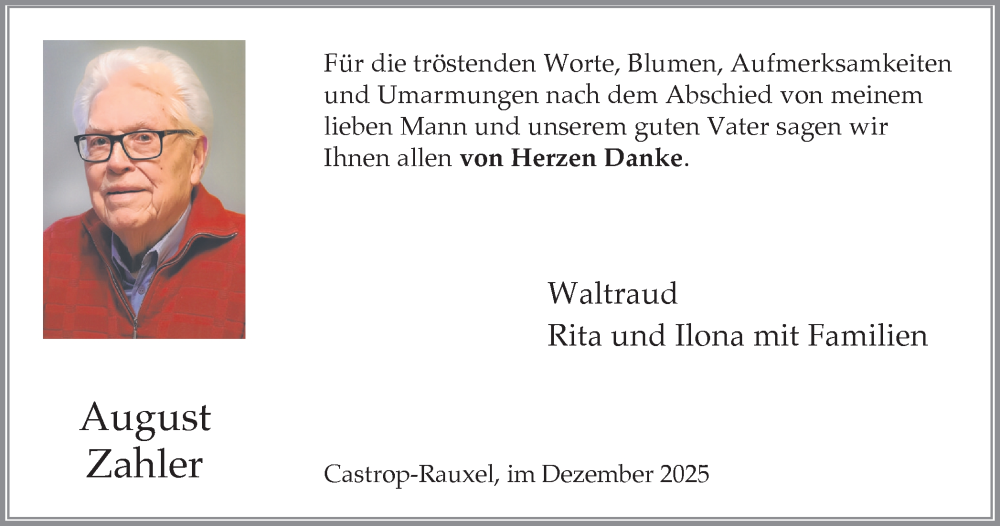  Traueranzeige für August Zahler vom 20.12.2025 aus Stadtanzeiger Castrop-Rauxel