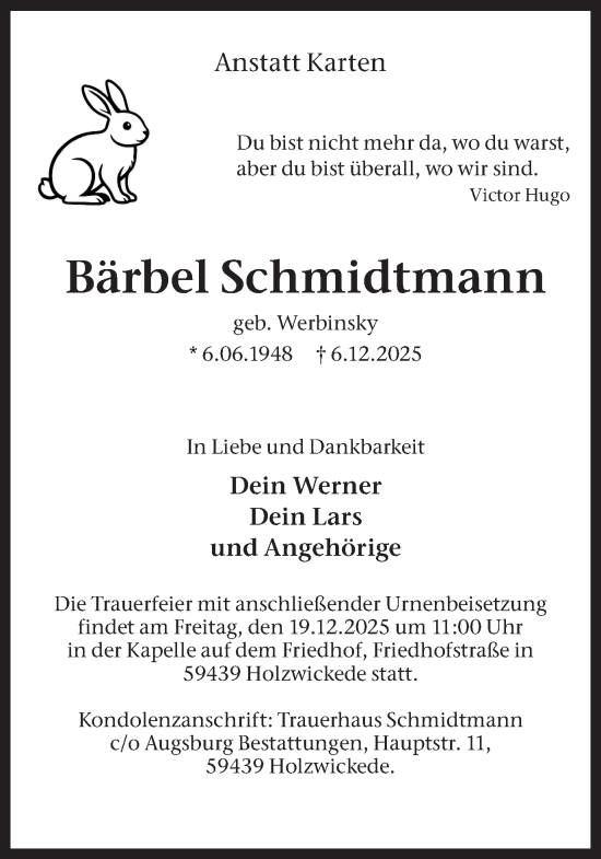 Traueranzeige von Bärbel Schmidtmann von Hellweger Anzeiger