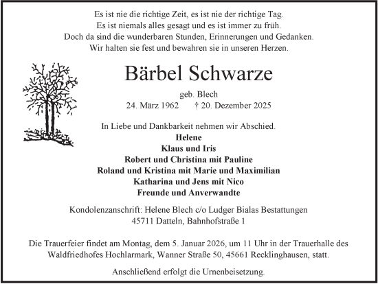 Traueranzeige von Bärbel Schwarze von Trauer Vest