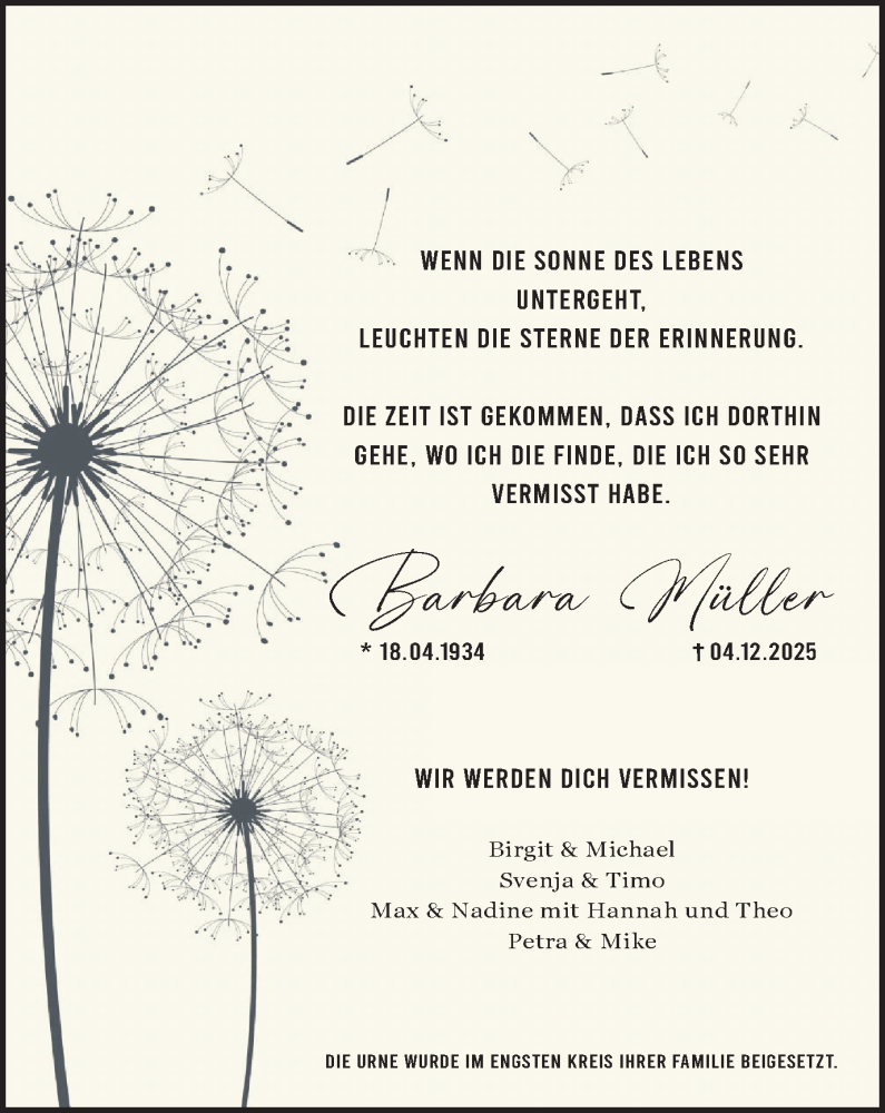  Traueranzeige für Barbara Müller vom 13.12.2025 aus Stadtanzeiger Castrop-Rauxel