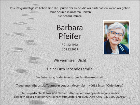 Traueranzeige von Barbara Pfeifer von Münsterland Zeitung