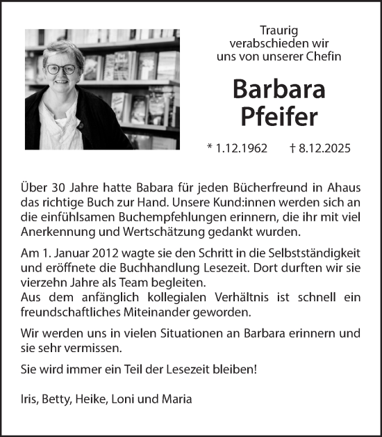 Traueranzeige von Barbara Pfeifer von Münsterland Zeitung
