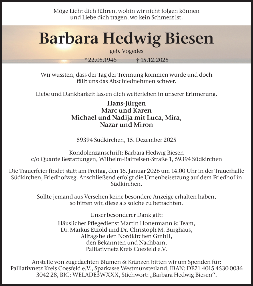  Traueranzeige für Barbara Hedwig Biesen vom 27.12.2025 aus Ruhr Nachrichten