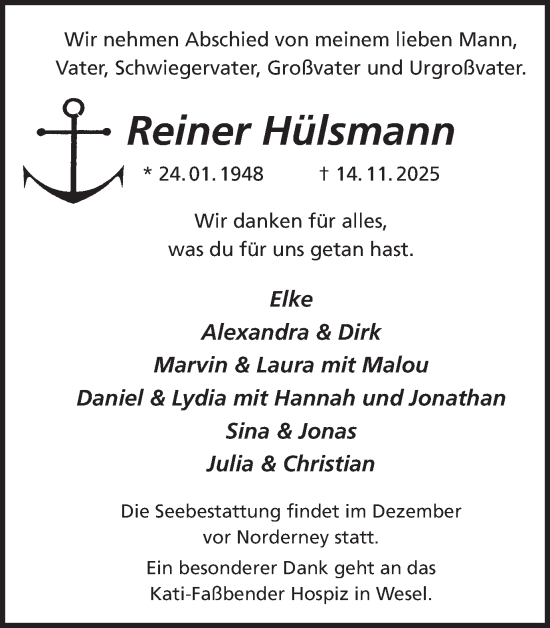 Traueranzeige von Reiner Hülsmann von Ruhr Nachrichten