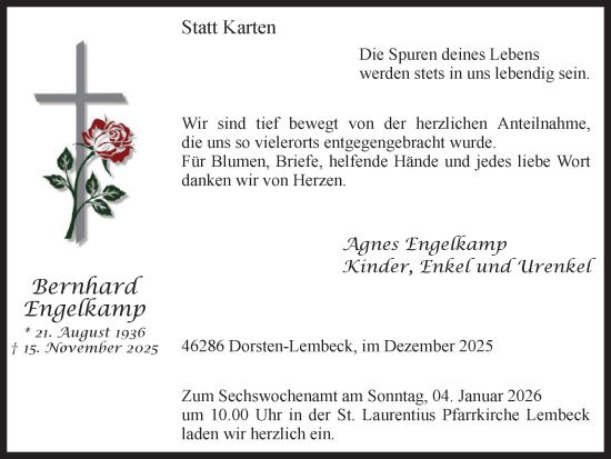 Traueranzeige von Bernhard Engelkamp von Ruhr Nachrichten und Dorstener Zeitung