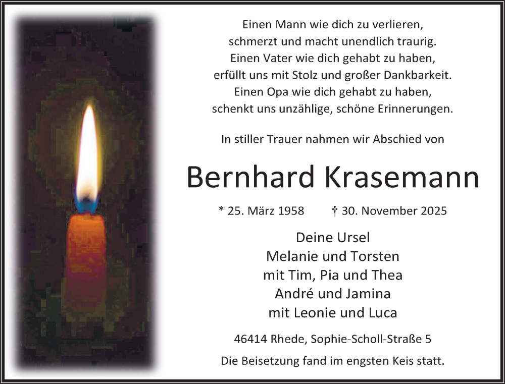  Traueranzeige für Bernhard Krasemann vom 13.12.2025 aus 