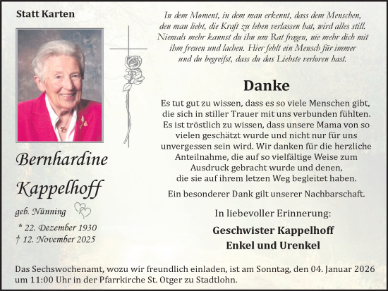 Traueranzeige von Bernhardine Kappelhoff von Münsterland Zeitung