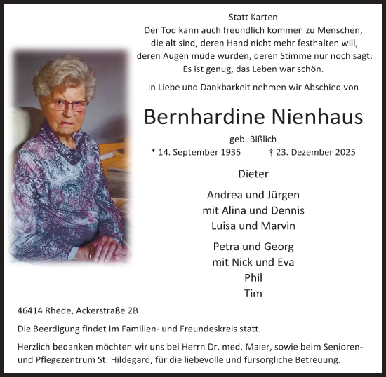 Traueranzeige von Bernhardine Nienhaus 