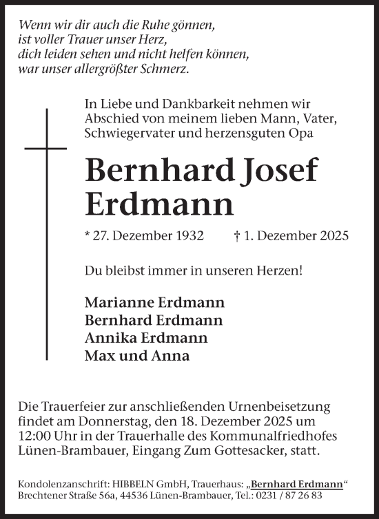 Traueranzeige von Bernhard Josef Erdmann von Lüner Anzeiger