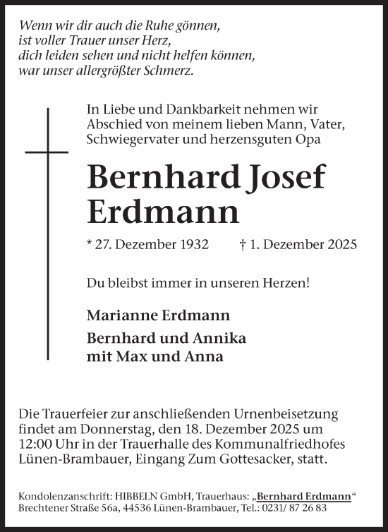 Traueranzeige von Bernhard Josef Erdmann von Lüner Anzeiger