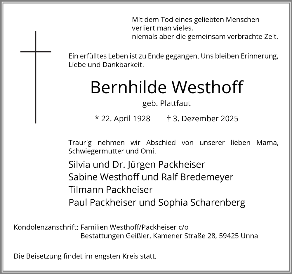  Traueranzeige für Bernhilde Westhoff vom 06.12.2025 aus Hellweger Anzeiger