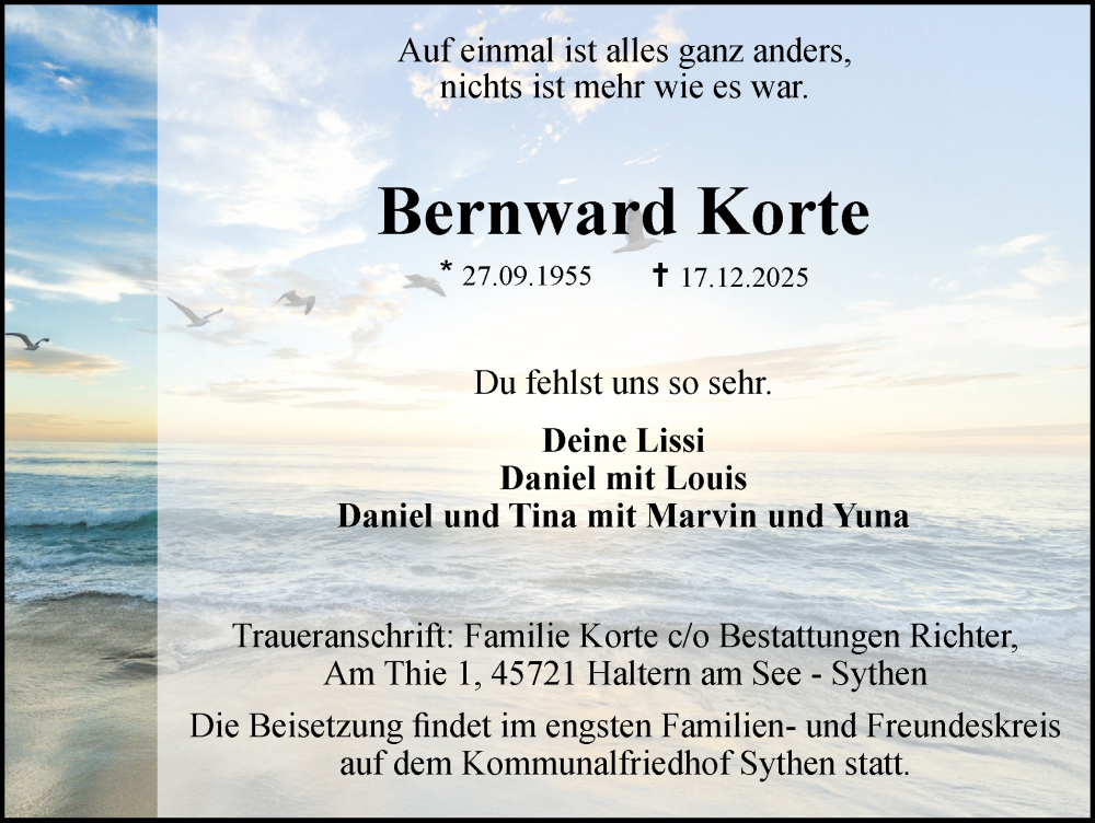  Traueranzeige für Bernward Korte vom 27.12.2025 aus Ruhr Nachrichten und Halterner Zeitung