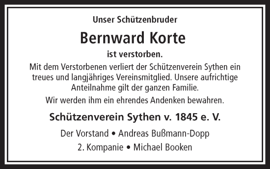 Traueranzeige von Bernward Korte von Ruhr Nachrichten und Halterner Zeitung