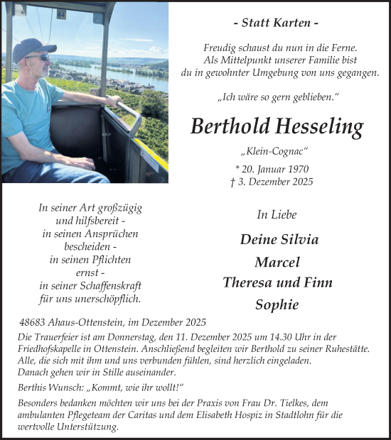 Traueranzeige von Berthold Hesseling von Münsterland Zeitung